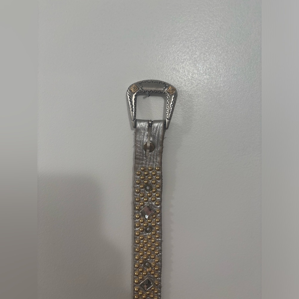genuine leather belt silver strap with sparkling rhinestones and gold bulb studs
